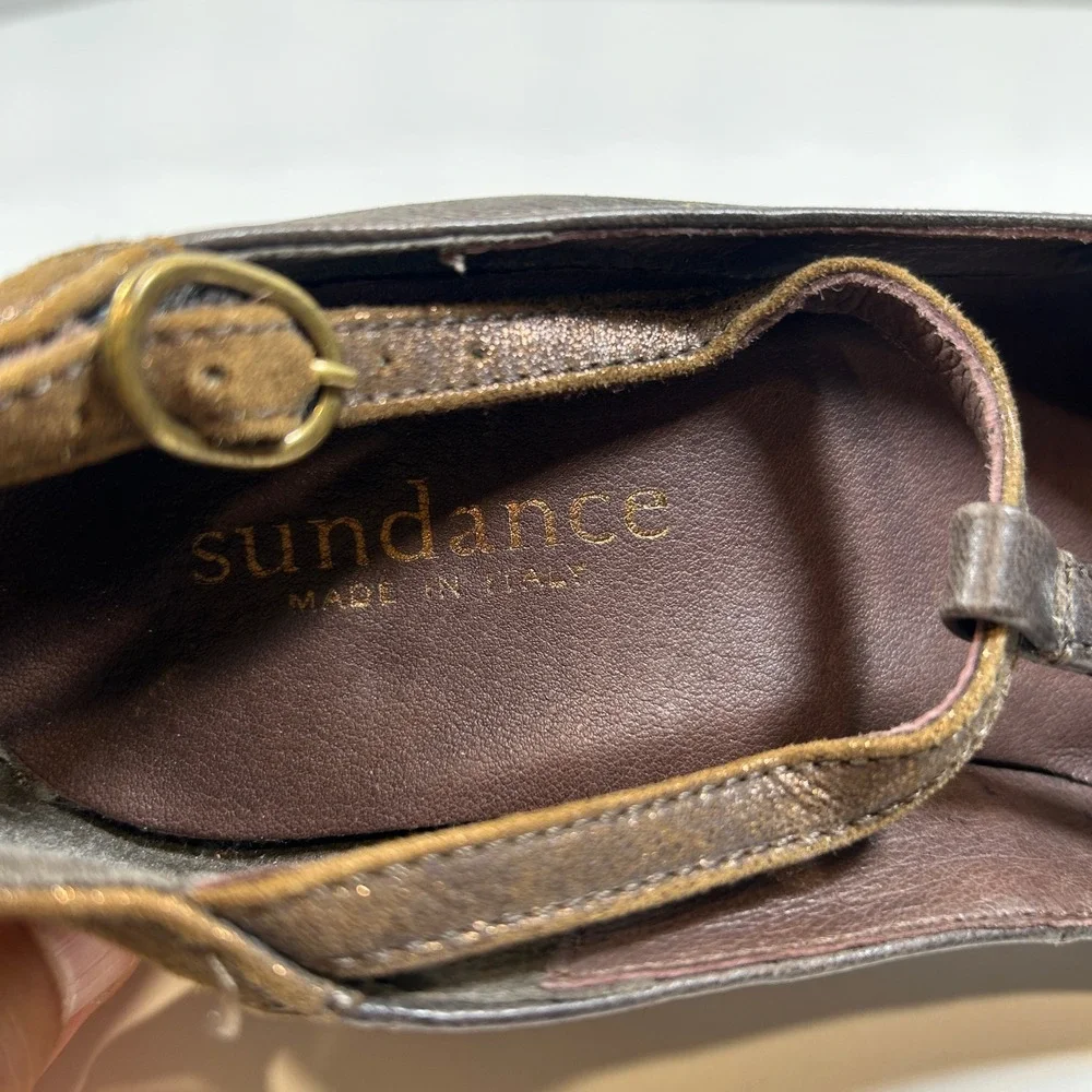Sundance Shoes Womens 37 Brown Leather T Strap Mary Jane Wedge Pumps Italy